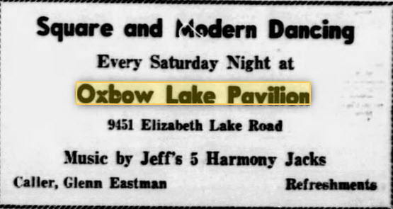 Oxbow Lake Pavilion - 11 Sep 1957 Ad (newer photo)